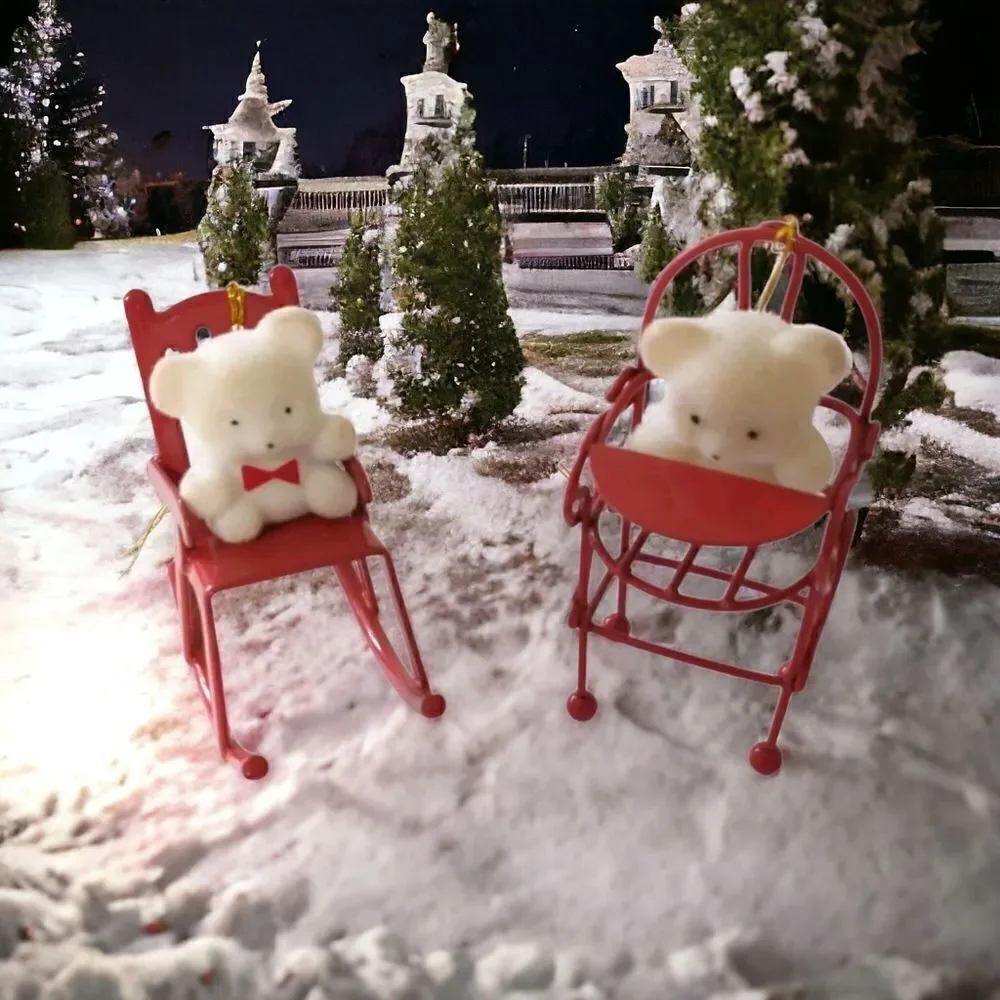 Avon Flocked Teddy Bear Ornament‎ Lot x 2 Red Metal Rocking Chair High Chair.